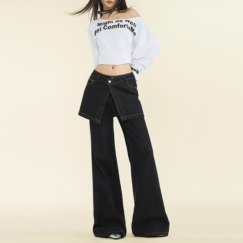 

Корейские ретро-нишевые поддельные двухкомпонентные джинсы для женщин, осень и зима, новый стиль, утягивающие и слегка расклешенные брюки XL