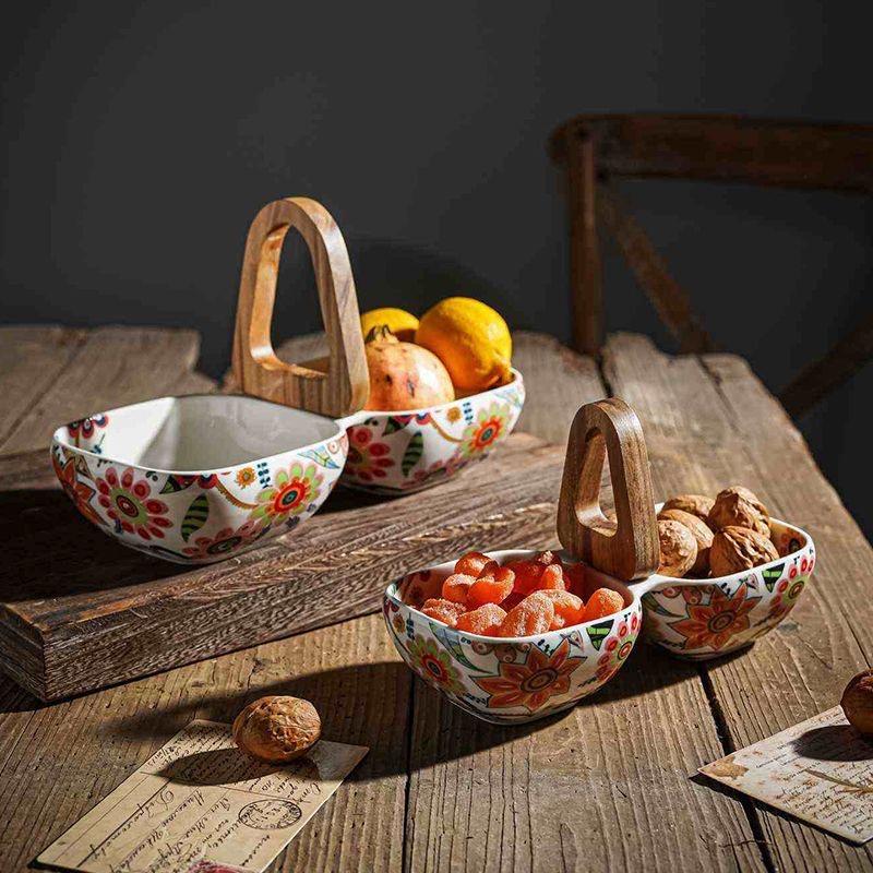 Creative Double Ceramic Fruit Bowl with Handle – Floral Design Snack Serving Tray