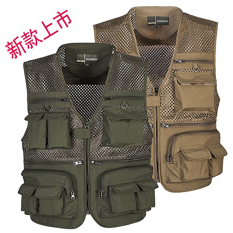 Men's Lightweight Cotton Multi-Pocket Mesh Vest - Sleeveless, Plus Size, Ideal for Summer, Fishing, and Outdoor Activities.