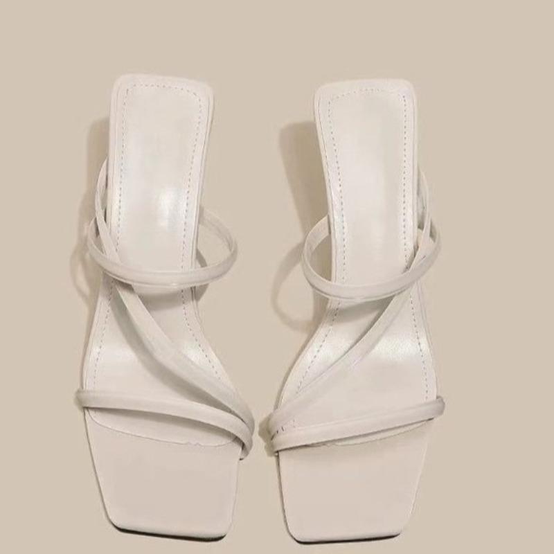 Fashion Temperament Square Head Slip-on Slippers Summer New Open-toed Thin Belt Anti-slip Wear-resistant High-heeled Shoes