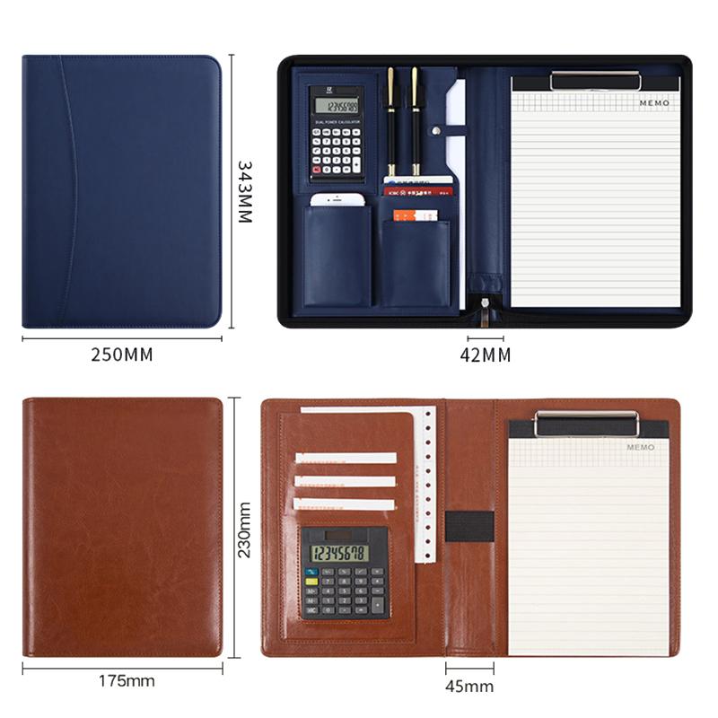 Multifunktionales A4/A5 PU-Leder-Portfolio für Dokumentenorganisator Reißverschlusstasche mit Taschenrechner Stifte Mann Schreiben Aktentasche Büro
