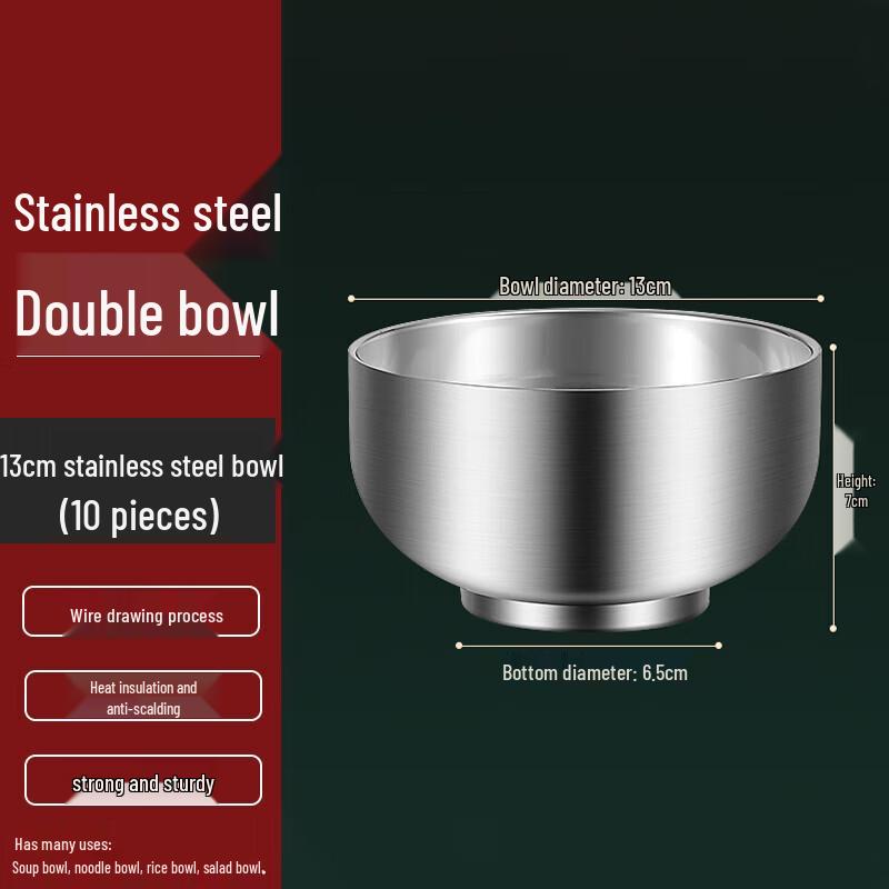 FATTBAO 304 Stainless Steel Double-Layer Kids Bowls, 10-Pack 13cm