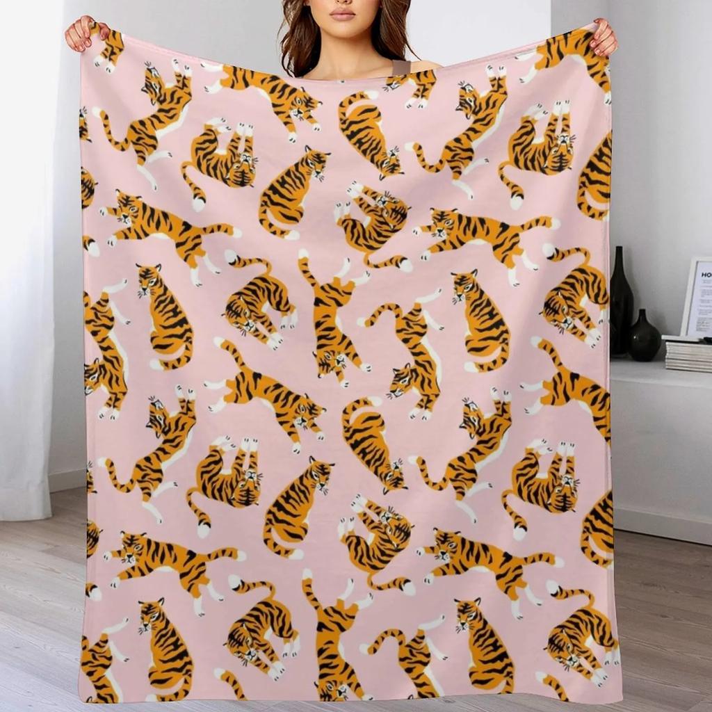 Cute Tigers On Pink Throw Blanket Stain Resistant Cozy Warm Blanket