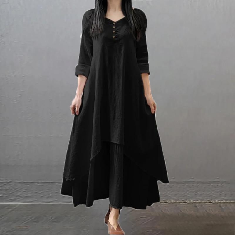 Rochie Midi Boemă de Vară Vintage Femei Elegantă Solidă Stratificată Mânecă Lungă Rochii Modă Largă Gât în V Casual Streetwear Vestidos