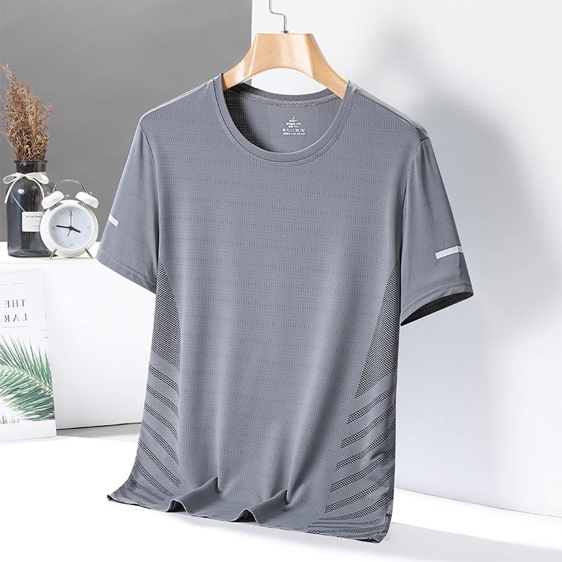 Tricou cu mânecă scurtă, rece și respirabil, pentru bărbați, de vară, din mătase de gheață, cu gât rotund, tricou casual