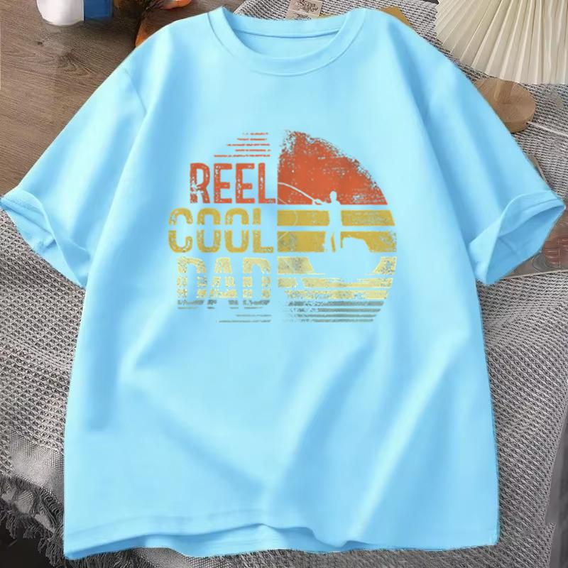 Fishing Dad T‑shirt "Reel Cool Dad" Retro Sunset Fisherman Design Casual Short Sleeve Mens Tee Fathers Day Gift Fishing Tee Top