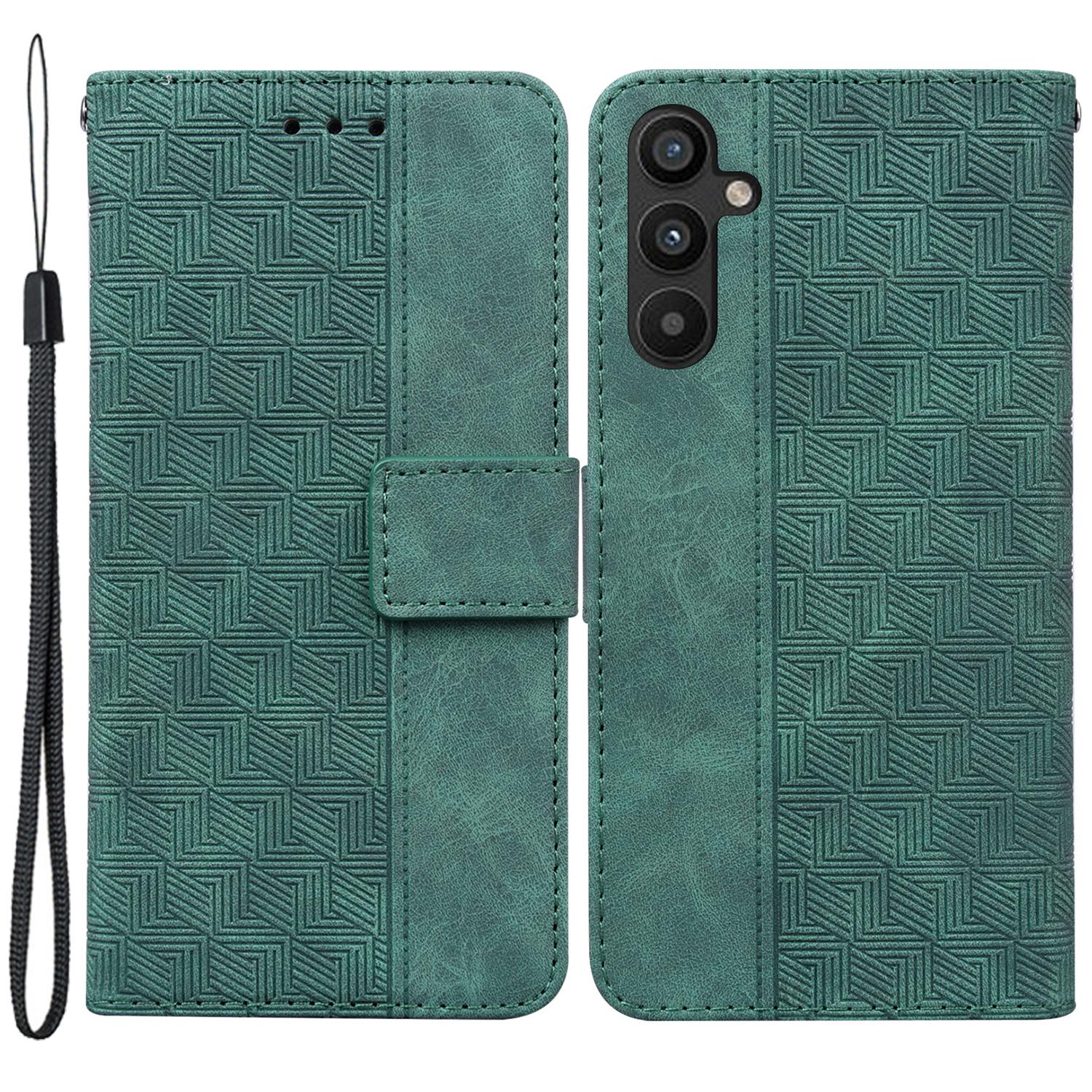

For Samsung Galaxy A54 5G Wrist Strap Phone Shell Imprinted Geometry Pattern Phone Case PU Leather Magnetic Closure Stand Wallet Green