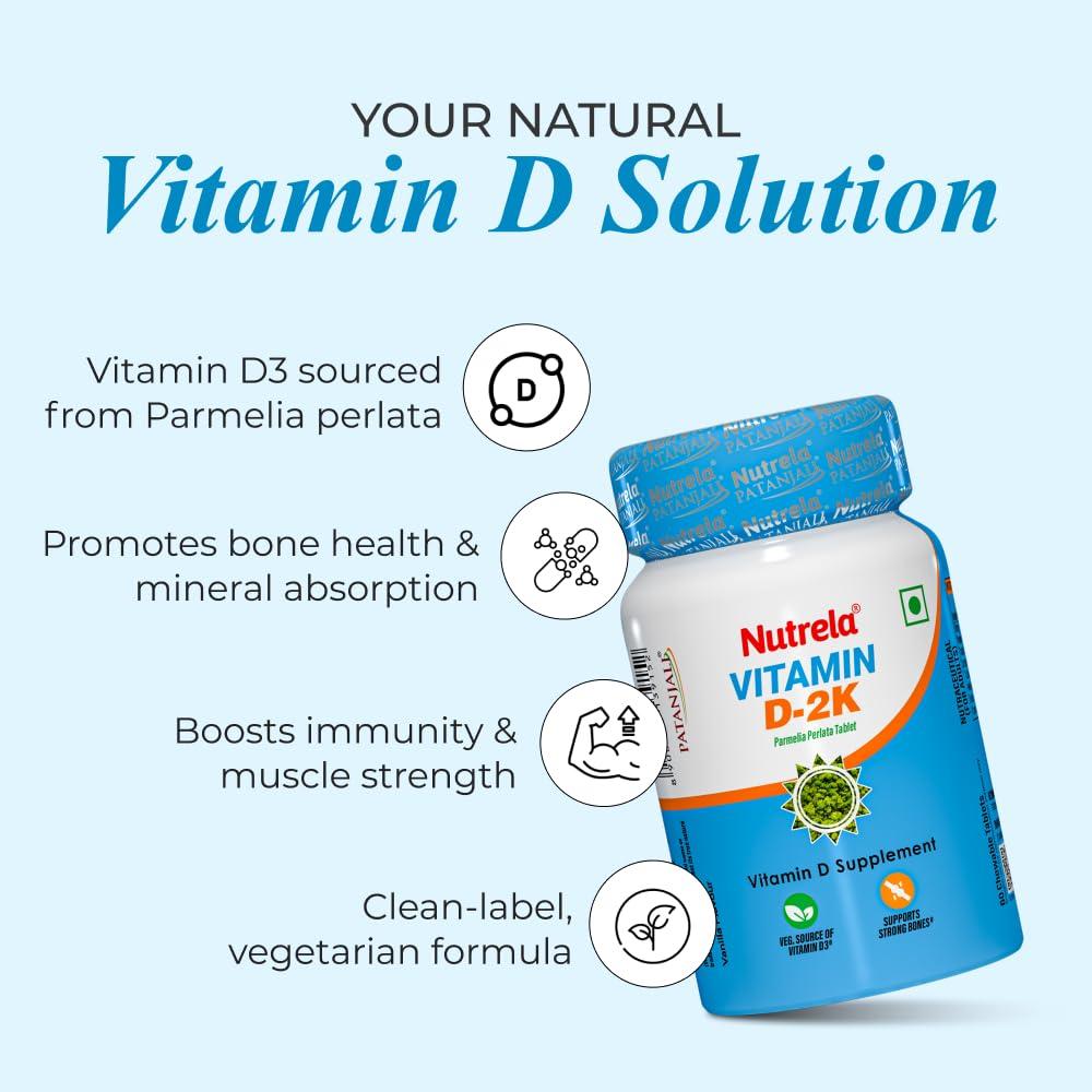 Nutrela VIT D2K Chewable Tablets 60 Pack Plant-Based Vitamin D3 for Strong Bones & Wellbeing