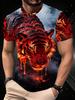 Men'S Tiger And Fire Print Short Sleeve T-Shirt - Polyester Breathable Quick-Dry, Trendy Streetwear Style Men'S Stylish Casual Round-Neck Patterned