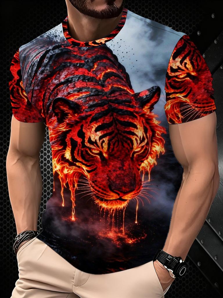Men'S Tiger And Fire Print Short Sleeve T-Shirt - Polyester Breathable Quick-Dry, Trendy Streetwear Style Men'S Stylish Casual Round-Neck Patterned