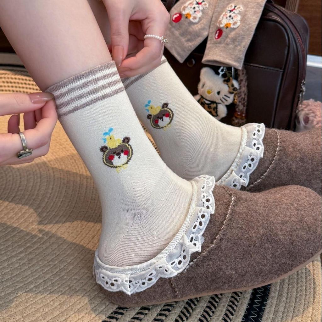 Spring 2026 Women's Embroidered Puppy Mid-Calf Cotton Socks - Cute, Comfortable, Breathable, Sweat-wicking for Students