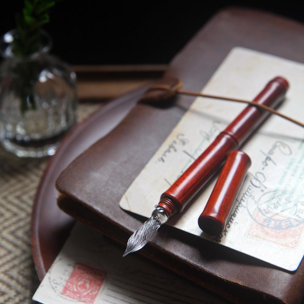 SeventyTwo Handmade Red Glass Dip Pen with Wooden Handle and Storage Case