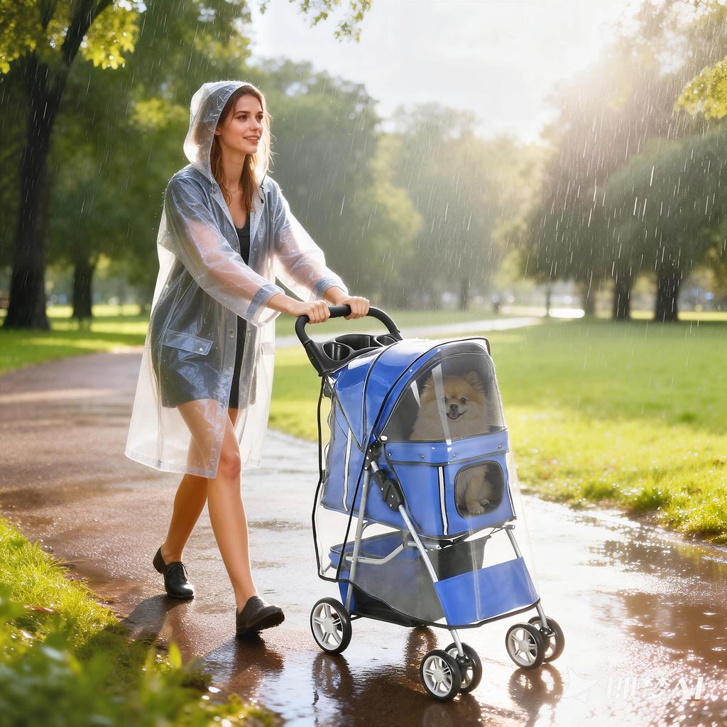 Dog Stroller Dog Buggy Foldable Cat Stroller Up To 10kg with Rain Cover, Reflective Strips, Storage Basket, 77x44x102cm, Blue