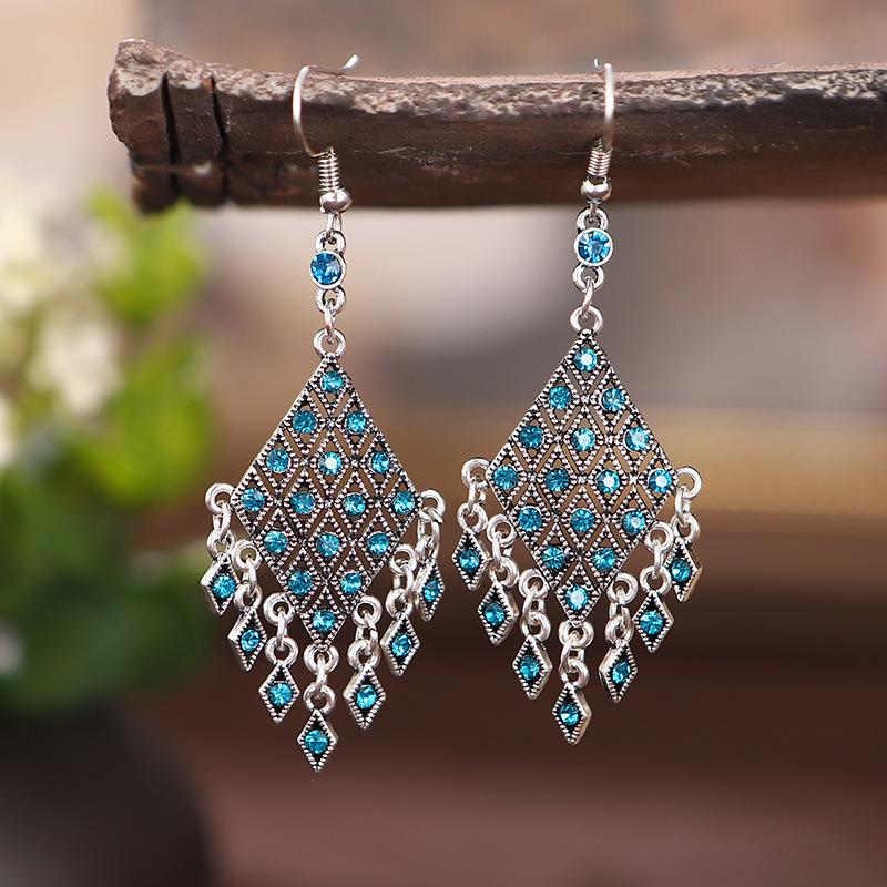 Bohemian Ethnisch Lang Blau Acryl Kristall Wassertropfen Ohrringe für Damen Retro Temperament Geometrisch Hängende Ohrringe Schmuck