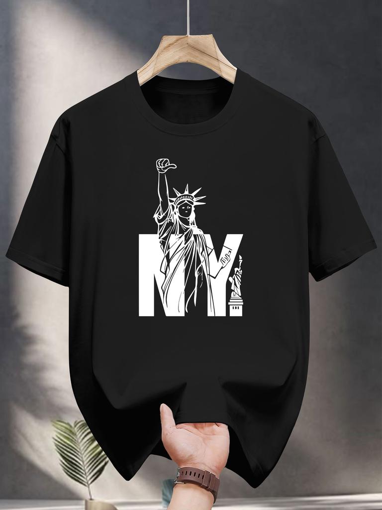 200g 100% Cotton Short Sleeve T-shirt - Navy Blue NY Statue of Liberty Print