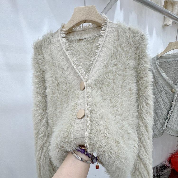 

Уютный удлиненный норковый свитер женский короткий свободный вязаный кардиган модный мягкий осенне-зимний ленивый шик XXL