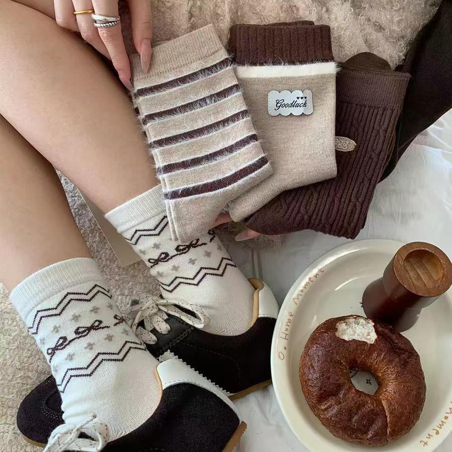 Early Autumn Coffee Striped Socks Children'S Medium Tube Socks Spring And Autumn Rabbit Velvet Maillard Thickened Thermal Stockings