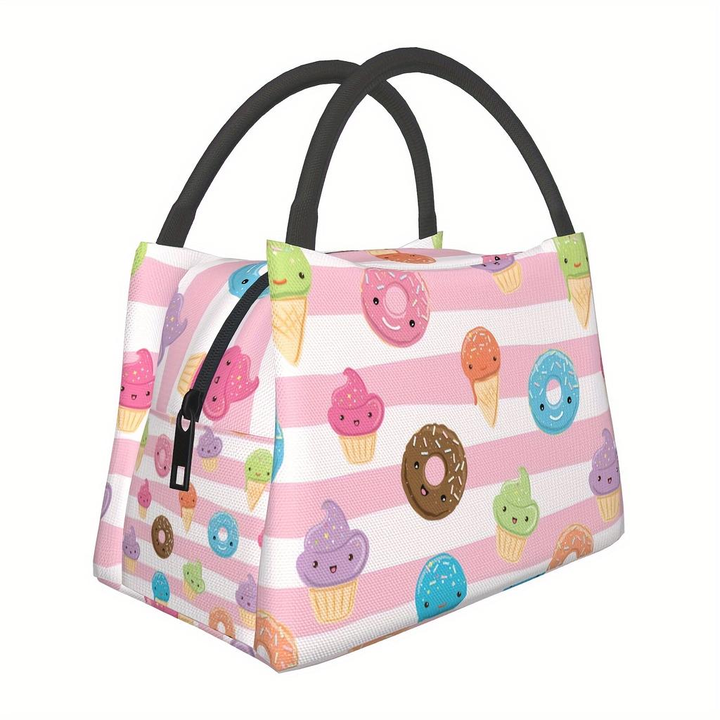 Reusable Insulated Lunch Bag with Playful Donut Cupcake Design Durable Polyester Zipper Closure Ideal for Travel