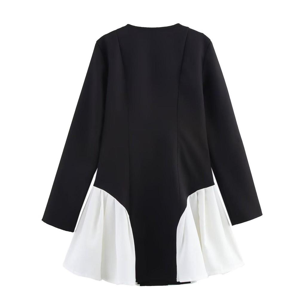 2025 Spring Women's European & American Color Block Ruffle Hem Long Sleeve Dress