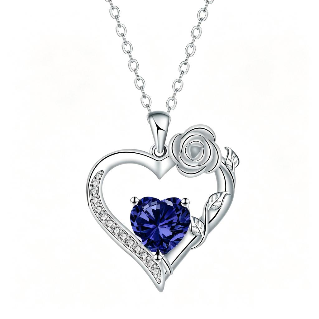 Rose Flower Love Heart Jewelry Wife Girlfriend Mom Daughter Anniversary Birthday Gift 12 Birthstone Necklace for Women