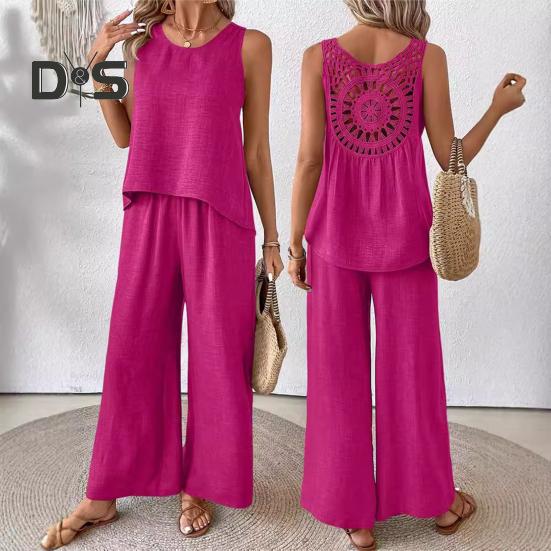 Zweiteiliges Lounge-Set für Damen, ärmellos, mit hohlem Rücken, Oberteil und weitem Bein, Hosen-Set, lässige Urlaubs- und Reise-Outfits