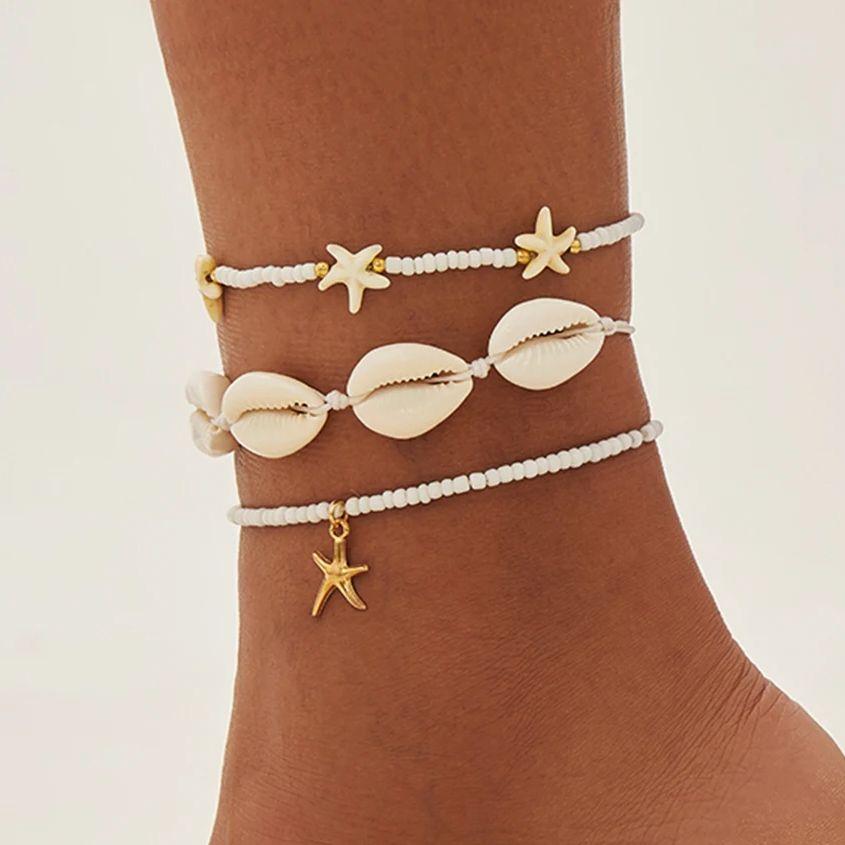 PuRui Bohemia CCB Beads Acrylic 3Pcs/Set Adjustable Anklets for Women Ethnic Summer Ocean Beach Star Conch Pendant Zircon Gift