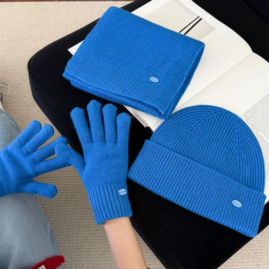 High quality% Australian wool solid color hat scarf gloves three-piece winter warm knitted suit women
