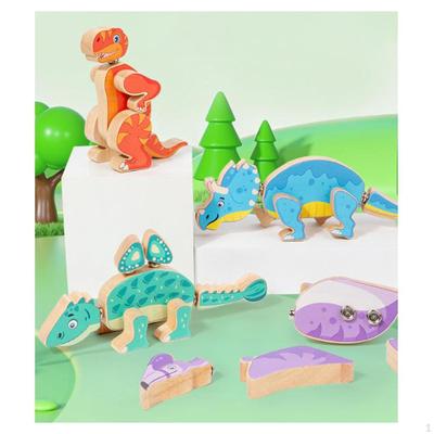 4x Dinosaurier Schnappbau Spielzeug, Holz Dino Bausteine, Baumeister für 3 4 5 Jahre Jungen Mädchen