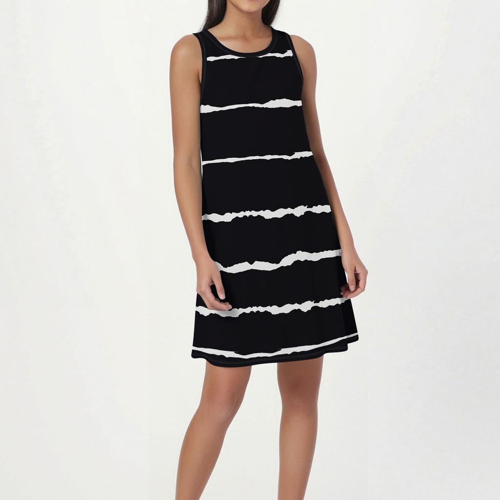 Women's Fashion Beach Dress Sleeveless Round Neck Stripe Print Dress