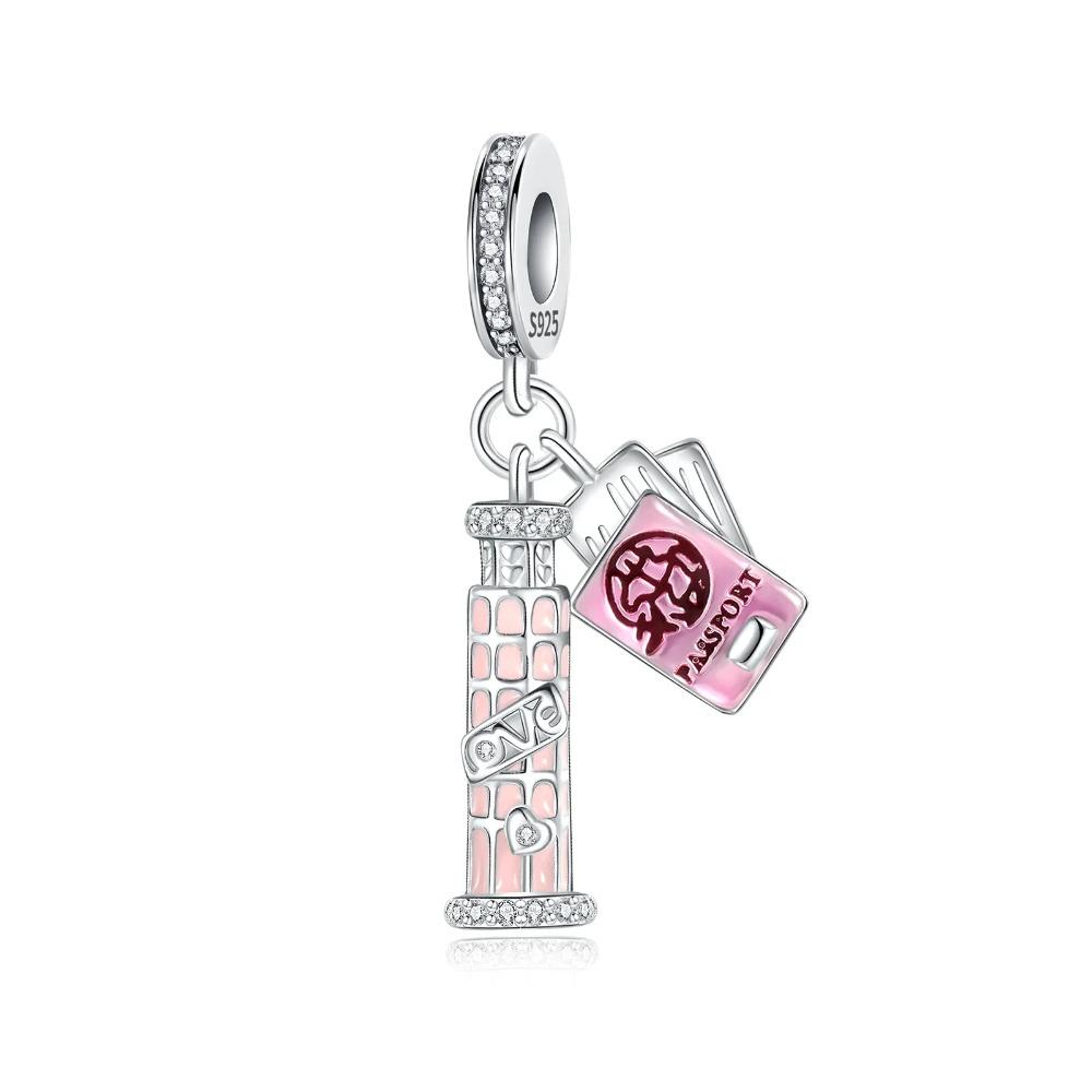 925 Silver Pink Blossom Dangle Charm Butterfly Heart Flower Rose Bird Bead For DIY Necklace Bracelet Fine Jewellery