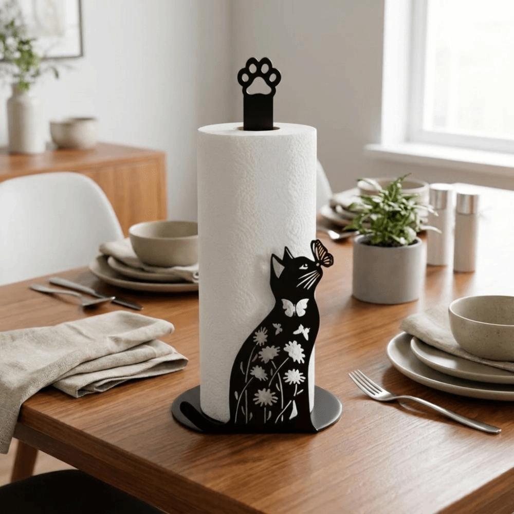 Practical Cartoon 2D Flat Cat Tissue Holder Wooden Base Sturdy Roll Paper Towel Holder Decorative Kitchen Roll Stand Bathroom