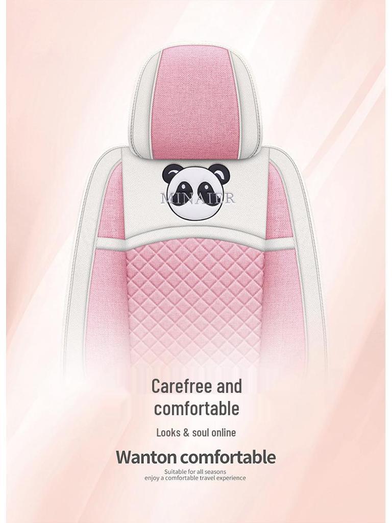 Universal Linen Cartoon Panda Car Seat Cushion Set for All-Season