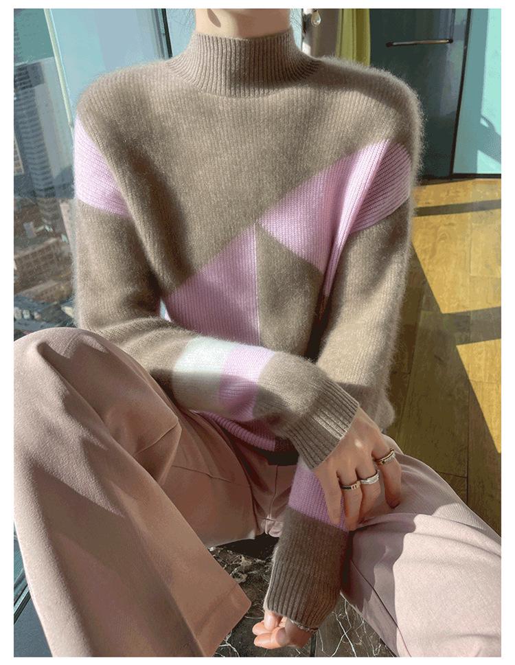 2025 Autumn/Winter Color Block Women's Half-High Collar Knit Sweater