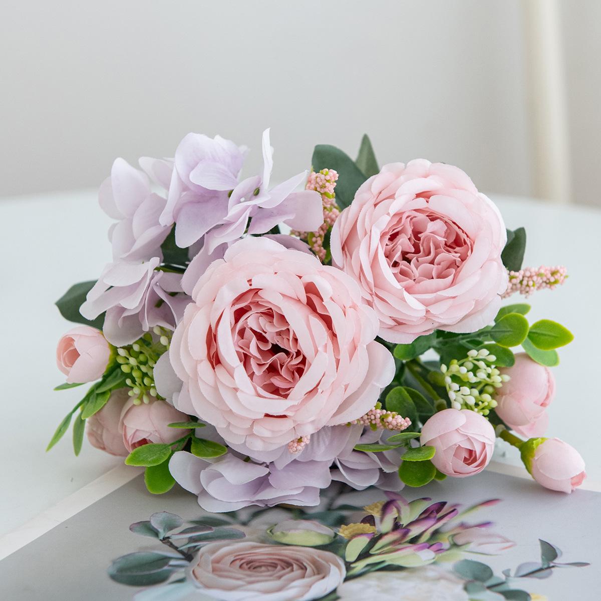 

1pc Blue Artificial Flower Hydrangea Fake Peony Silk Flowers Rose Bouquet for Home Wedding Bride Bouquet Decor, Valentine Day 1 Pc розовый