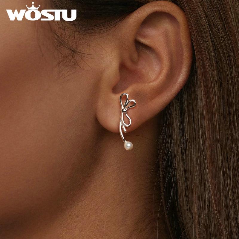 WOSTU 925 Sterling Silver Bowknot Stud Earrings Grace Fashion Simplicity Versatile Earrings For Women Girl Fine Jewelry Party Gift