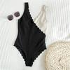 Black White Patchwork Ribbed Swimwear Sexy One Piece Swimsuit Woman V Neck Petal Edge Bathing Suit Swimming Wear Summer