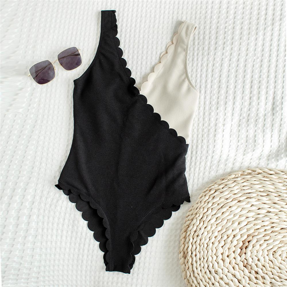 Black White Patchwork Ribbed Swimwear Sexy One Piece Swimsuit Woman V Neck Petal Edge Bathing Suit Swimming Wear Summer