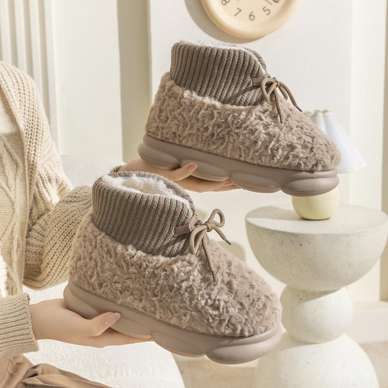 New Fluffy Strap Cotton Shoes Winter Velvet Cotton Slippers Outer Wear Cotton Boots Thick Sole High Heel