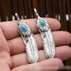 S925 Sterling Silver Jewelry Retro Thai Silver Inlaid Turquoise Edition Handmade Feather Pendant for Men and Women