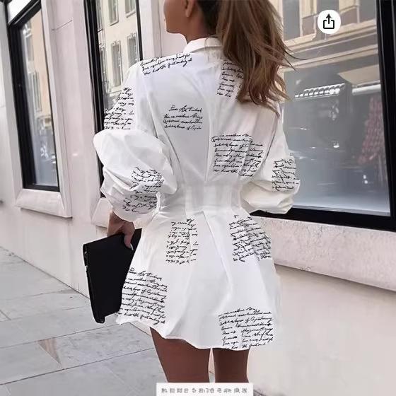 European and American Women's Sexy Mini Letter Print Casual Button-down Long-sleeved V-neck Waist Shirt