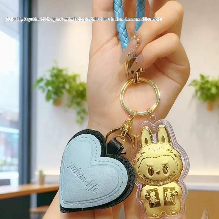 999 Pure Gold Labubu Keychain & Phone Charm with Gold Ornament: Cartoon Bag Charm Gift