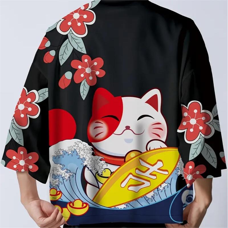 Japanese Kimono Yukata Samurai Kimono Man Cat Print Shirt Clothing Harajuku Cardigan for MenTraditional Haori Kimono