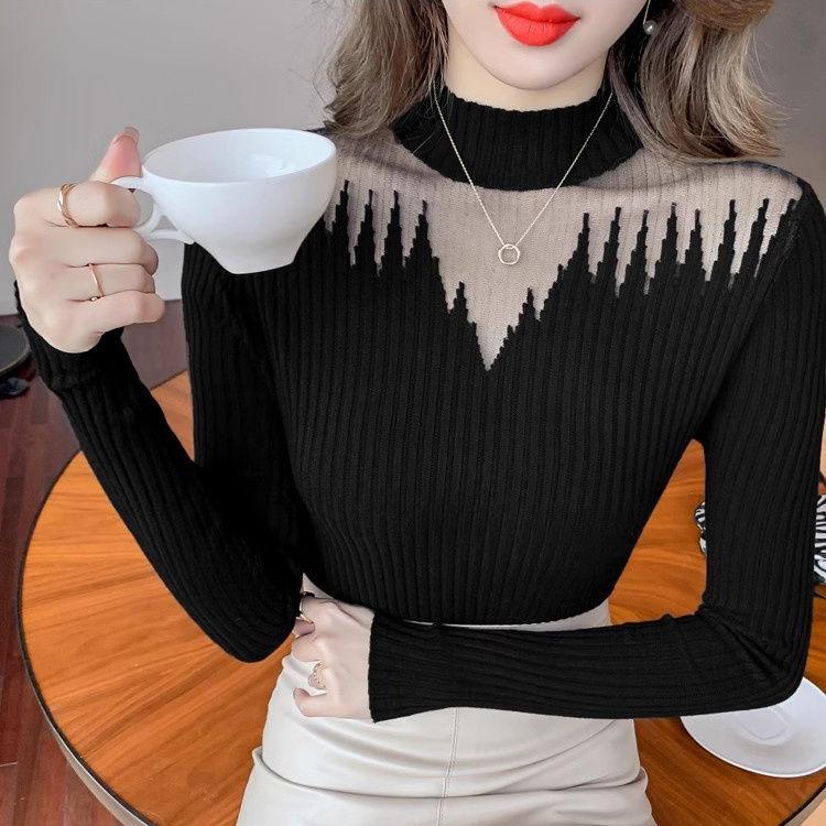 

Женский приталенный трикотажный свитер с высоким воротом в стиле пэчворк - Повседневный и универсальный для весны и осени S чёрный