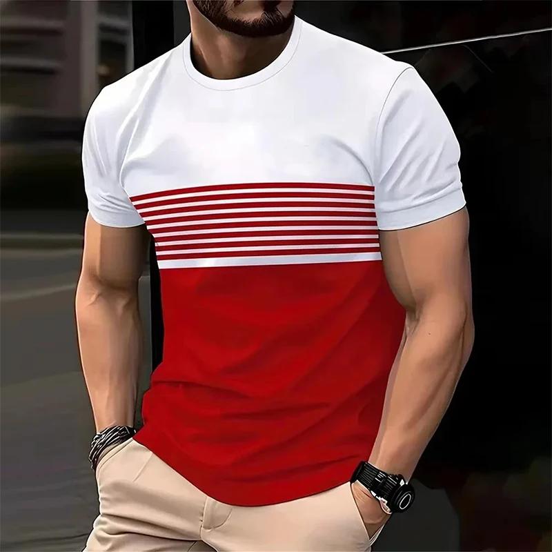 Летняя мужская одежда Новая футболка с коротким рукавом 3D-цифровая печать в полоску Топы 3XL красный