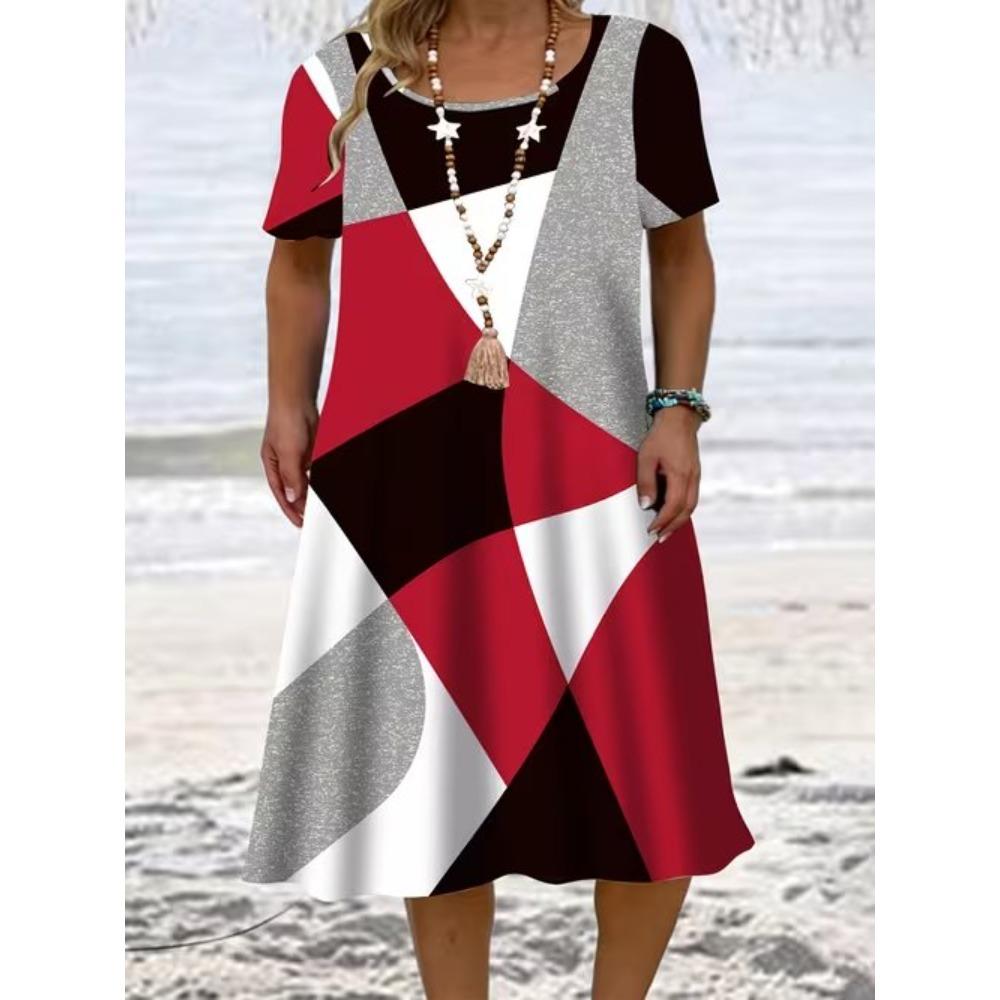 Moda Donna Grazioso Bello Semplice Stampa a Fantasia Estive Primaverili Manica Corta Scollo a O Abiti Casual