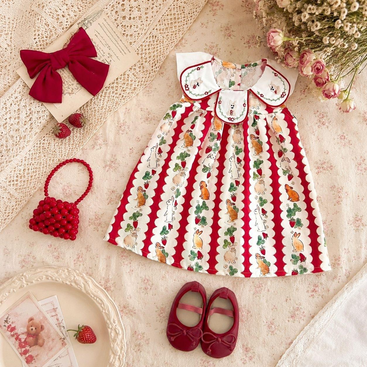Girls Floral Collar Bunny Embroidered Dress with Cute Print for Toddlers and Kids 90 красный