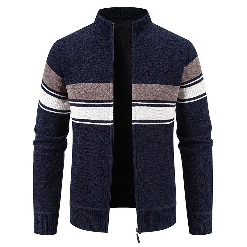 Men's Striped Knitted Cardigan Zip Up Stand Collar Sweater Jacket Casual Fashion Color Block Knit Coat Winter Warm Outerwear for Daily Business Office