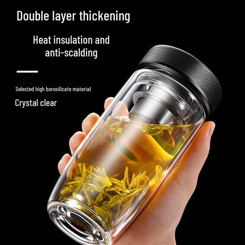 Double-Layer Glass Teacup: Men's Drop-Proof, Heat-Insulating, Large Capacity (500ml), Goose Egg Shape, Thickened for Car Use