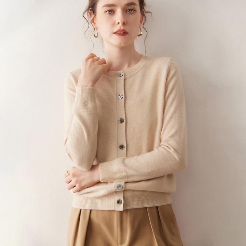 Women's 100% Pure Cashmere Round Neck Cardigan - Single-Breasted, Short Loose Knit Sweater