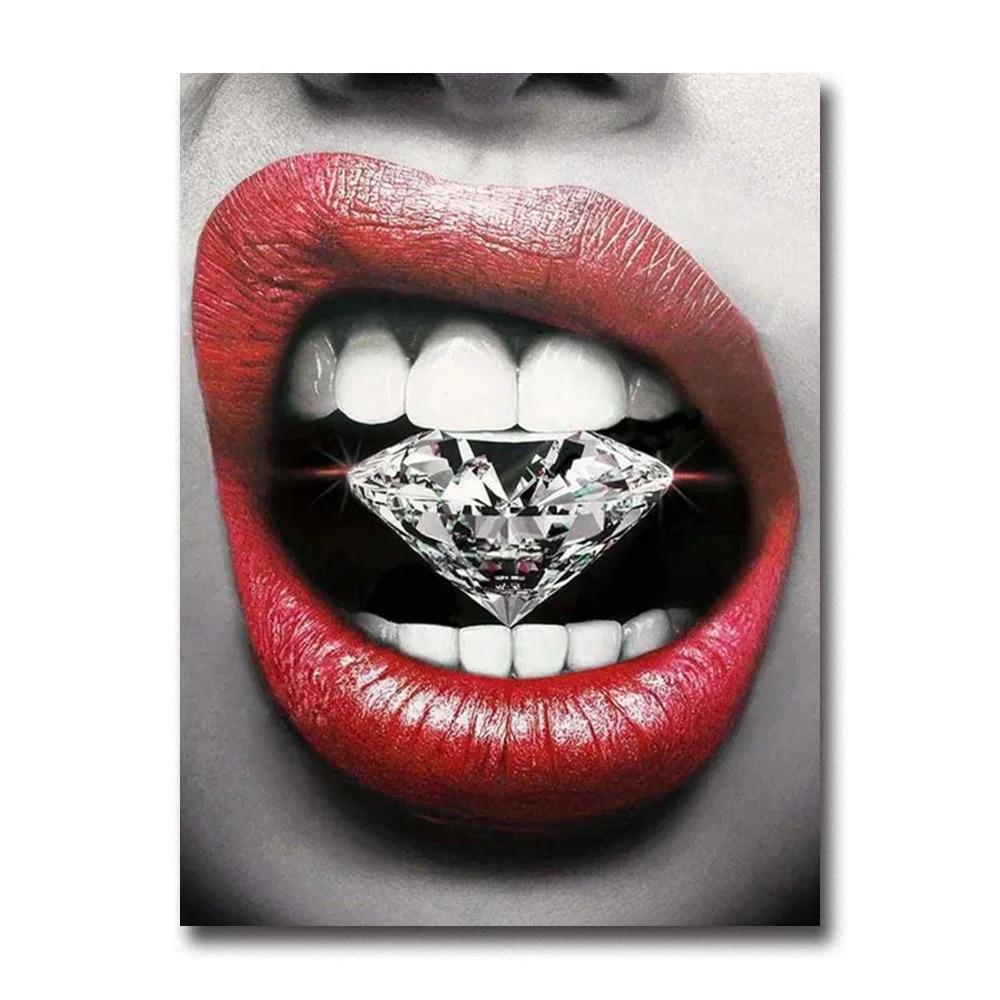 Sexy Woman Red Lips Money Rose Wall Art Posters Modern Home Living Room Bedroom Decorative Canvas Painting Picture Print Artwork